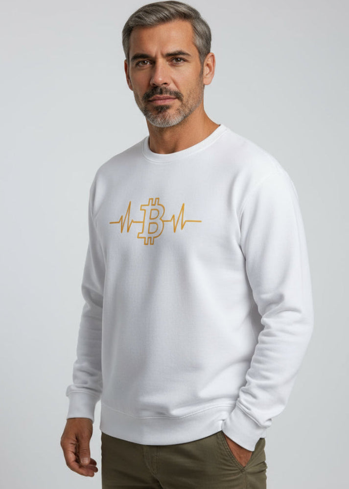 Bitcoin Pulse Sweatshirt white – model view (Block Supply, organic cotton crypto streetwear)