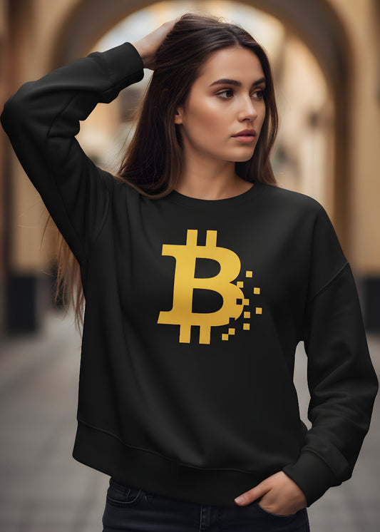 Model wearing Bitcoin women’s eco sweatshirt black – BTC streetwear by Block Supply