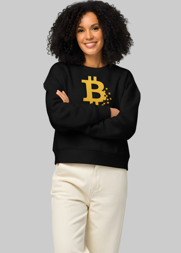 Model wearing Bitcoin women’s eco sweatshirt black – BTC streetwear by Block Supply