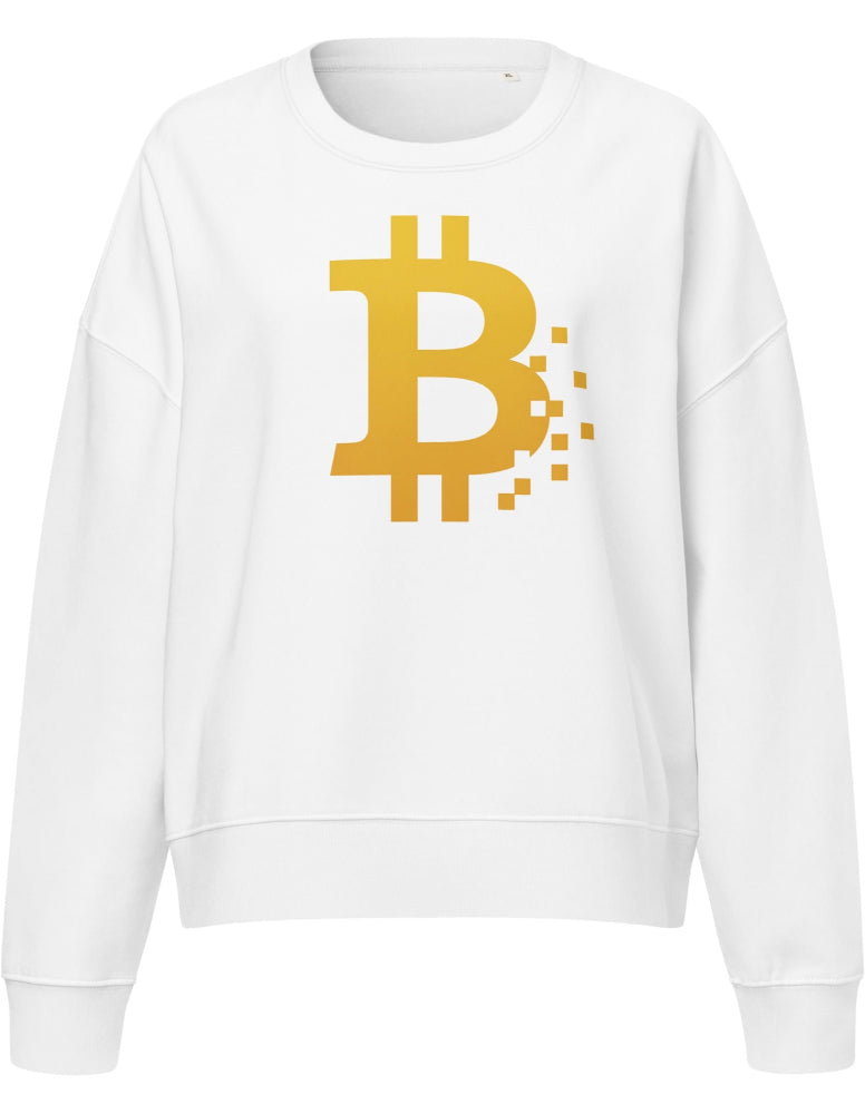 Bitcoin women’s eco sweatshirt white – organic crypto apparel (front)