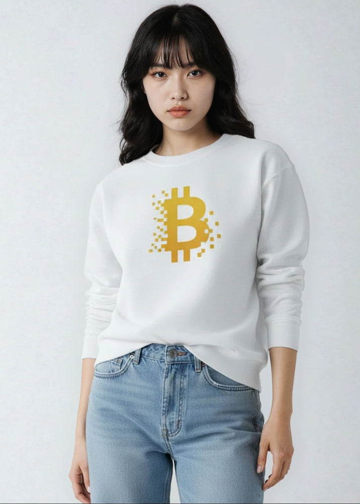 Model wearing Bitcoin women’s eco sweatshirt white – BTC streetwear by Block Supply