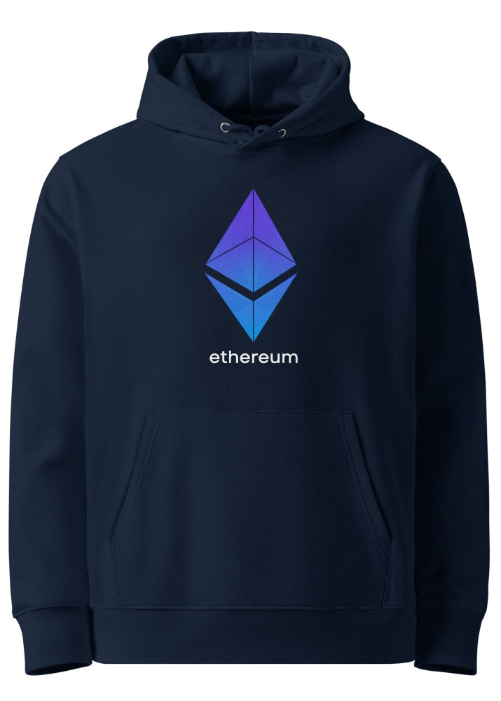 Ethereum eco hoodie navy – organic cotton crypto streetwear by Block Supply (front view)