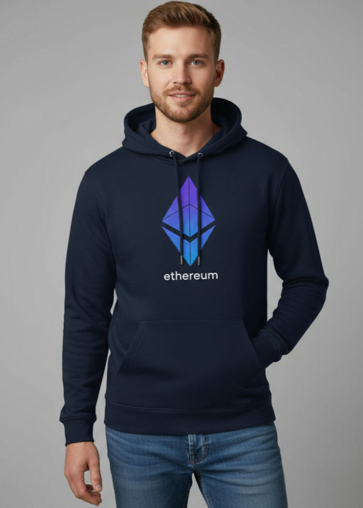 Model wearing Ethereum eco hoodie navy – ETH blockchain fashion by Block Supply