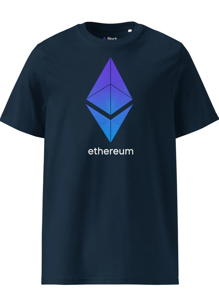 Ethereum eco T-shirt navy – organic cotton crypto tee (front view)