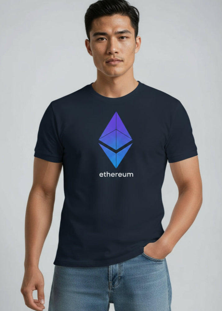 Model wearing Ethereum eco T-shirt navy – ETH blockchain streetwear by Block Supply