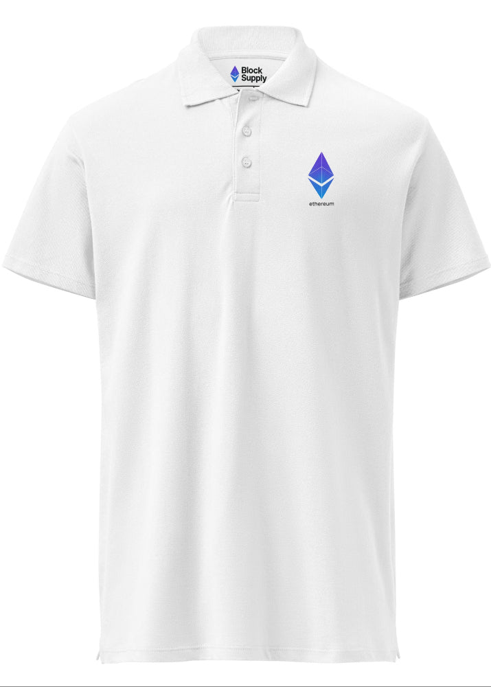 Ethereum Polo white – front view (small ETH chest logo, Block Supply)
