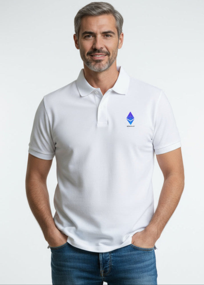 Model wearing Ethereum Polo white – front view (clean crypto polo by Block Supply)
