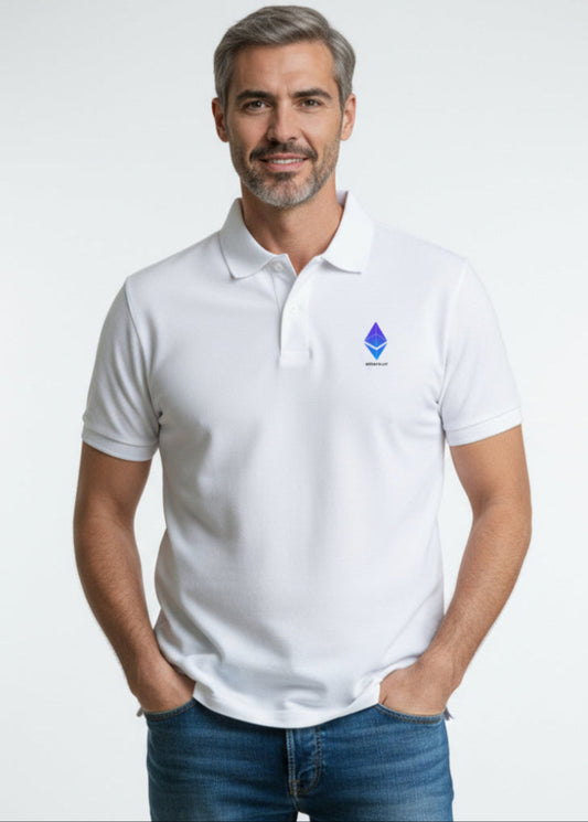 Model wearing Ethereum Polo white – front view (clean crypto polo by Block Supply)