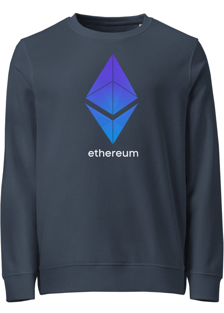 Ethereum Sweatshirt navy – front view (Block Supply, organic cotton crypto streetwear)