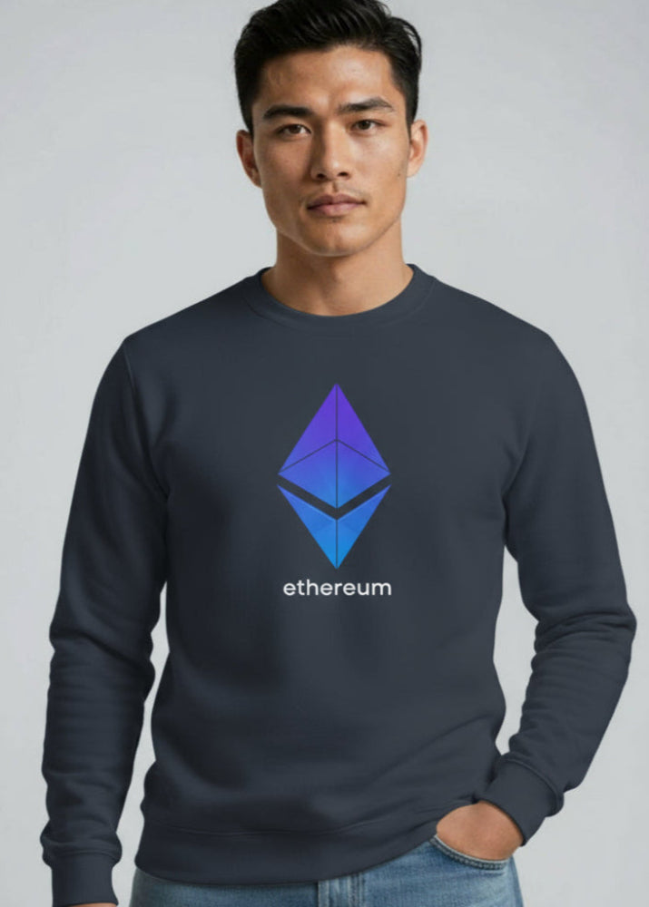 Model wearing Ethereum Sweatshirt navy – front view (ETH fashion by Block Supply)