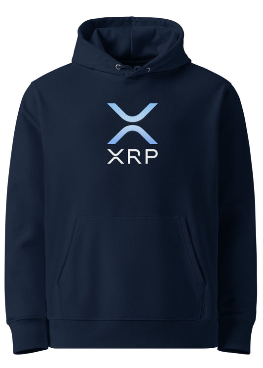 Navy XRP eco hoodie – organic cotton crypto streetwear by Block Supply (front view)