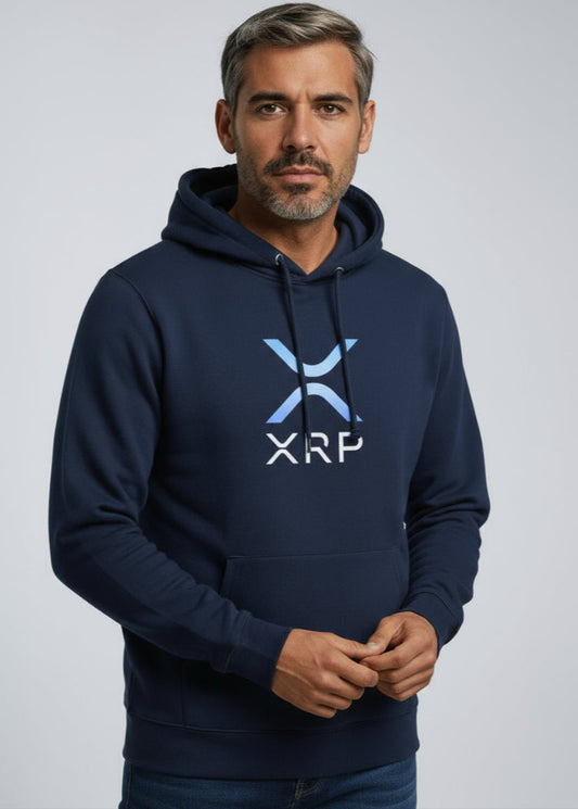 Model wearing navy XRP eco hoodie – Ripple blockchain fashion by Block Supply