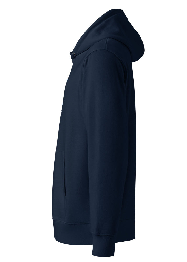 Side view of XRP eco hoodie navy blue – eco-friendly blockchain apparel