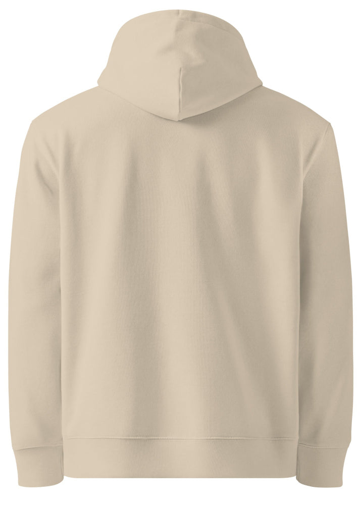 Back view of XRP eco hoodie in sand – sustainable blockchain streetwear