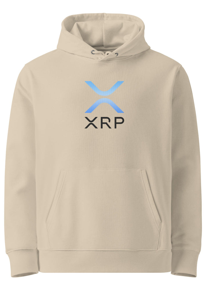 Sand-colored XRP eco hoodie – organic cotton crypto streetwear by Block Supply (front view)