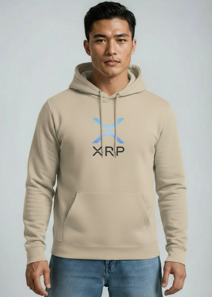 Model wearing XRP eco hoodie in sand – Ripple crypto fashion by Block Supply