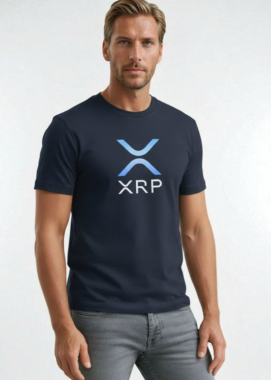 Model wearing XRP eco T-shirt dark blue – Ripple crypto streetwear by Block Supply