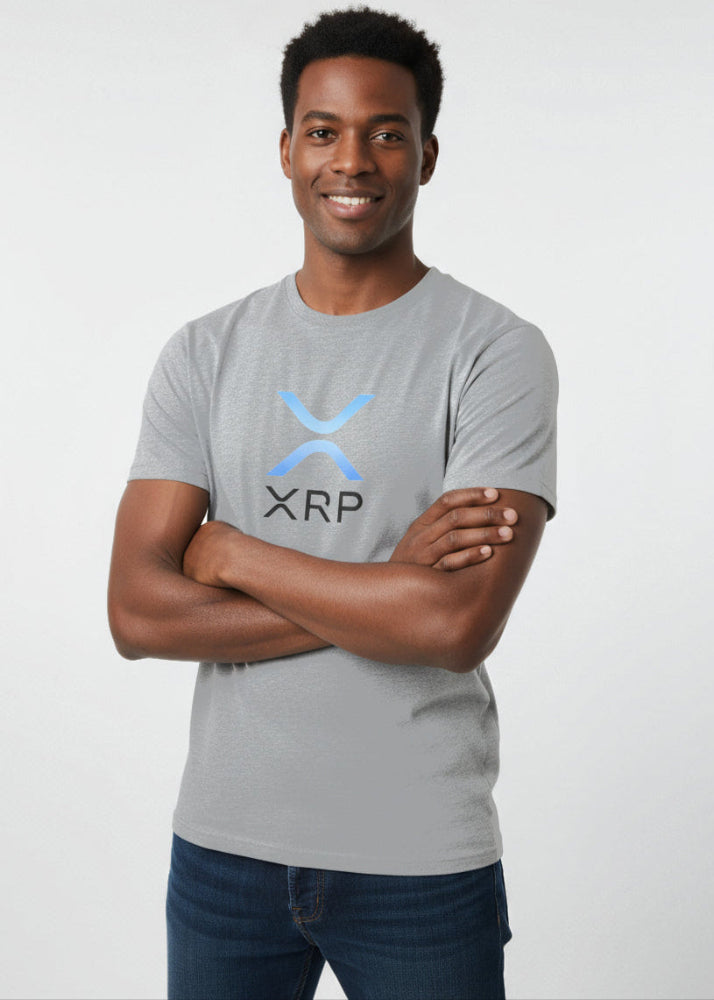 Model wearing XRP eco T-shirt grey – Ripple crypto streetwear by Block Supply