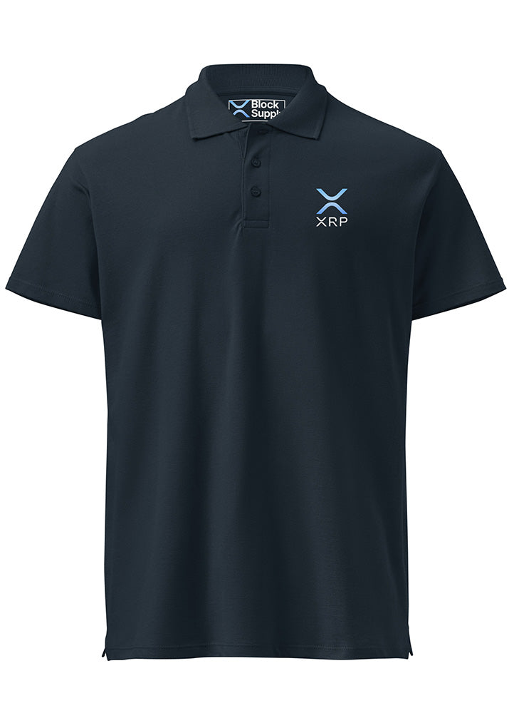 XRP Polo navy – front view (small chest logo, Block Supply)