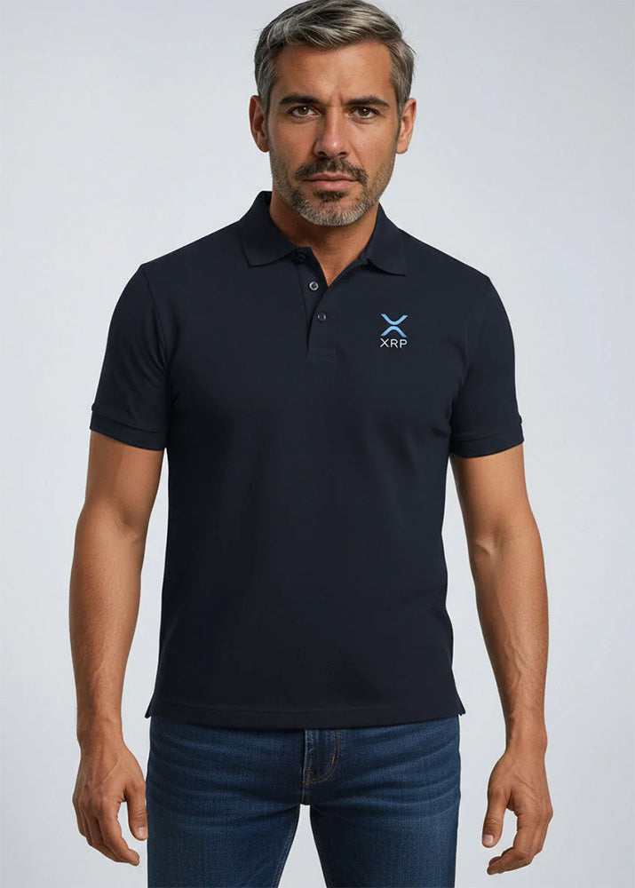 Model wearing XRP Polo navy – front view (clean crypto polo by Block Supply)