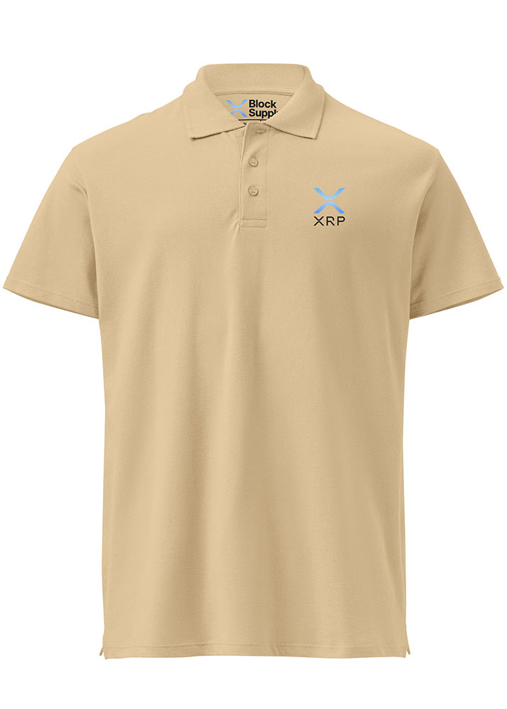 XRP Polo sand – front view (small chest logo, Block Supply)