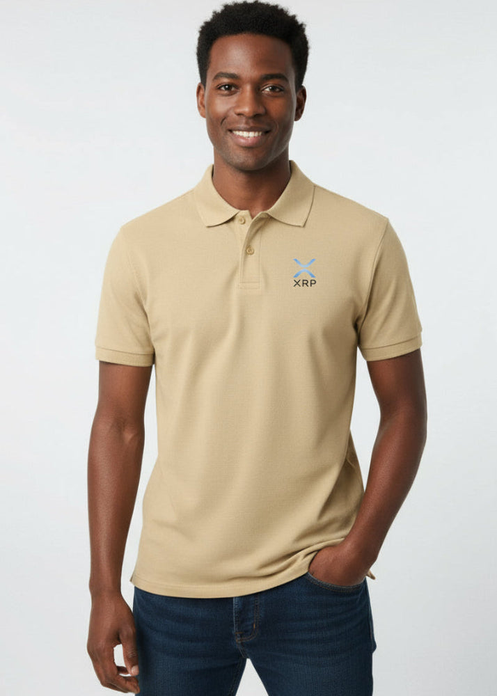 Model wearing XRP Polo sand – front view (clean crypto polo by Block Supply)