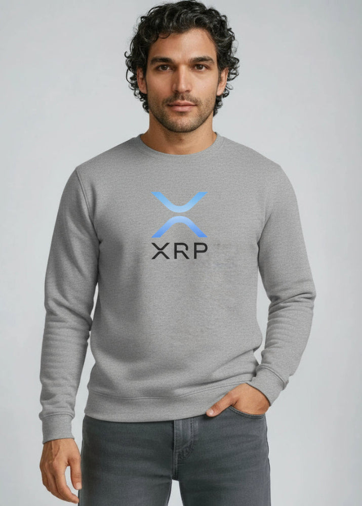Model wearing XRP Sweatshirt grey – front view (Ripple fashion by Block Supply)