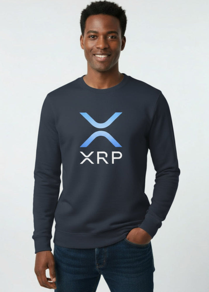 Model wearing XRP Sweatshirt navy – front view (Ripple fashion by Block Supply)