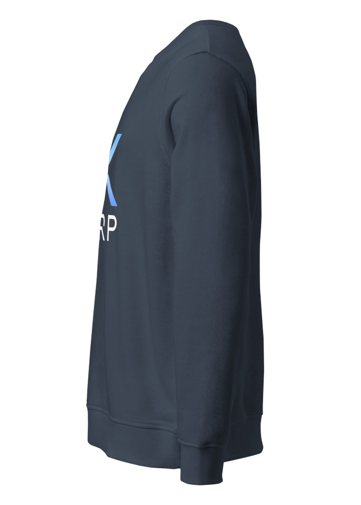 XRP Sweatshirt navy – side view 1 (eco-friendly blockchain apparel)