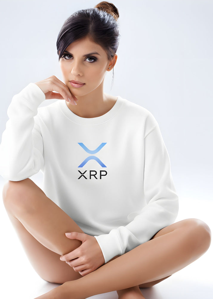 Model wearing XRP women’s eco sweatshirt heather white – Ripple streetwear by Block Supply