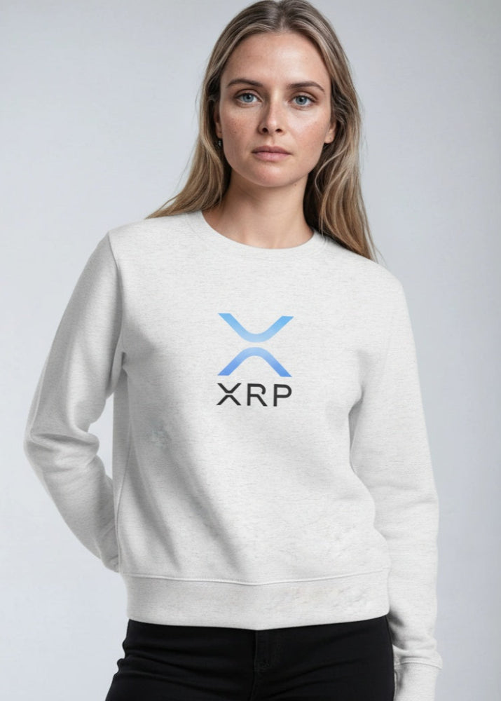 Model wearing XRP women’s eco sweatshirt heather white – Ripple streetwear by Block Supply