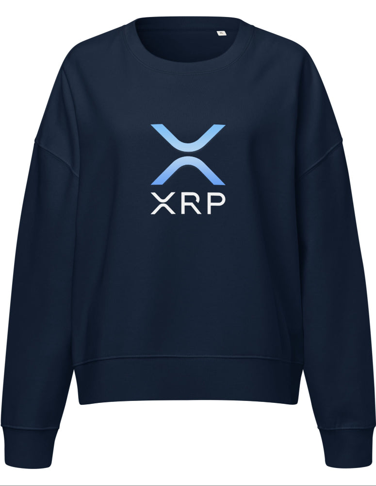 XRP women’s eco sweatshirt navy – organic crypto apparel (front)