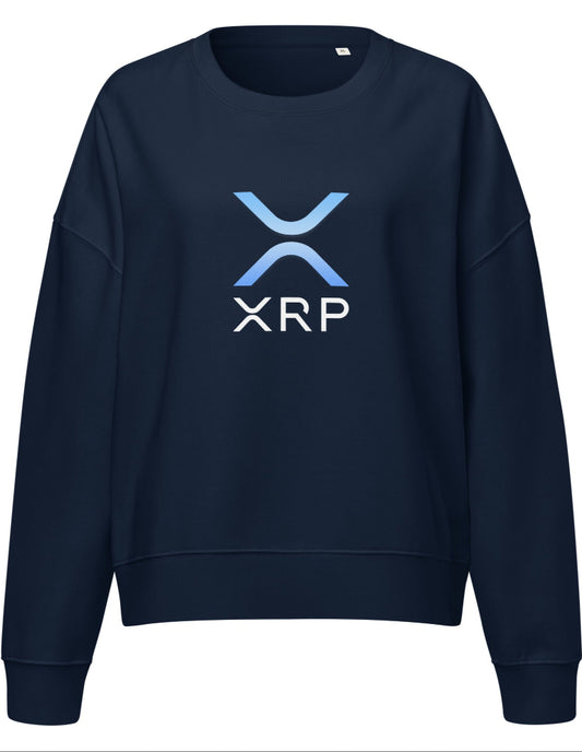 XRP women’s eco sweatshirt navy – organic crypto apparel (front)
