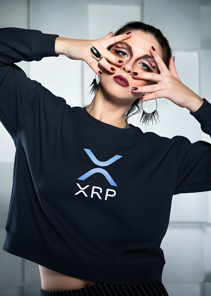 Model wearing XRP women’s eco sweatshirt navy – Ripple streetwear by Block Supply