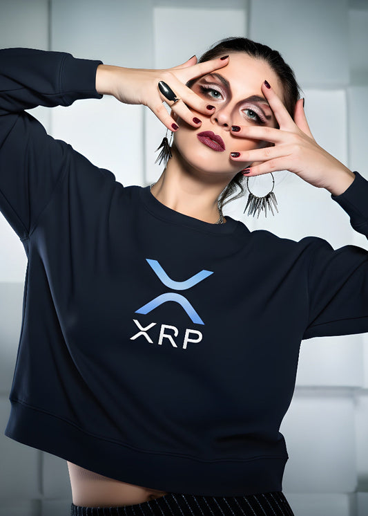 Model wearing XRP women’s eco sweatshirt navy – Ripple streetwear by Block Supply