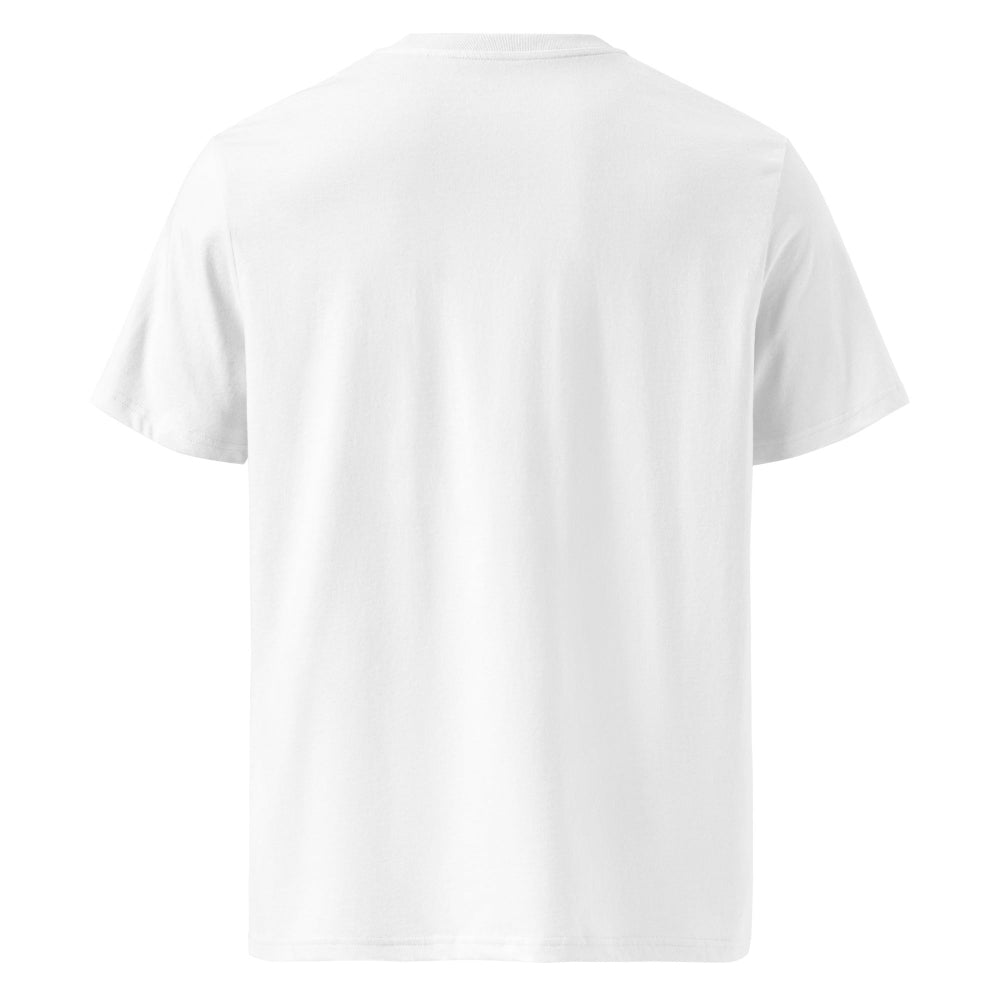 White organic cotton T-shirt shown from the back, clean minimal design