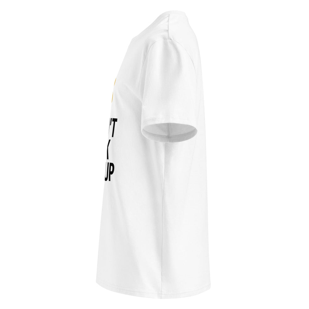 Alt text:
White Bitcoin T-shirt with gold BTC logo and bold text, left side product view