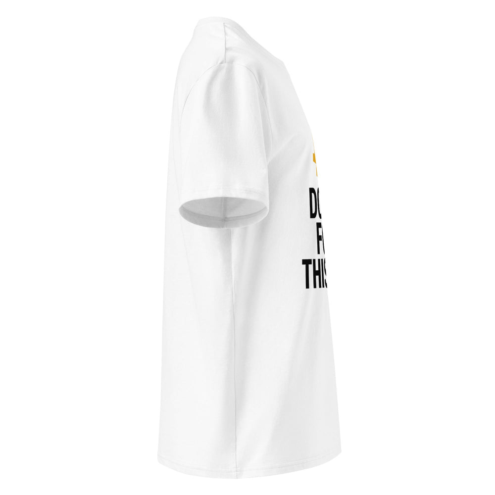 White Bitcoin T-shirt with gold BTC symbol and text, right side product view