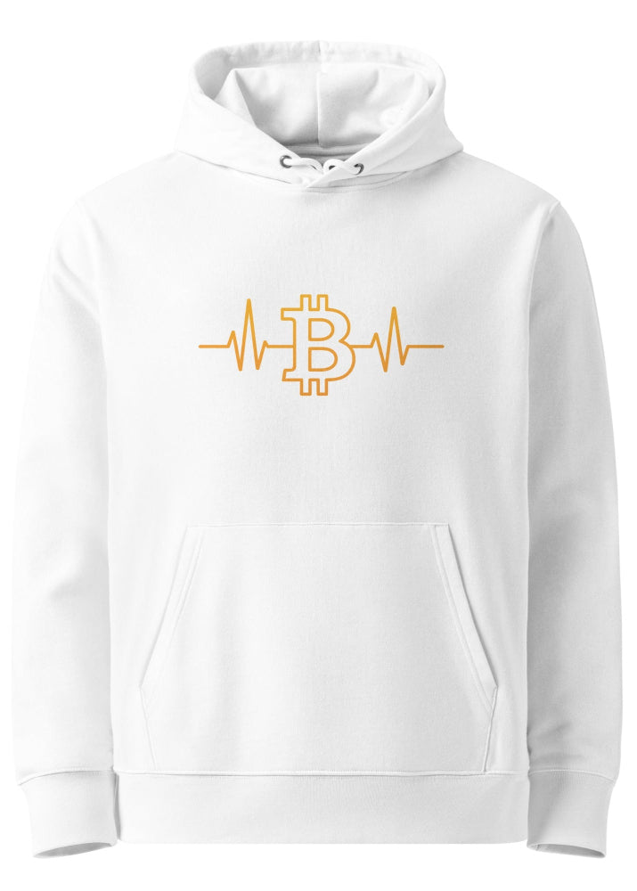 White Bitcoin heartbeat eco hoodie – organic cotton crypto streetwear by Block Supply (front view)